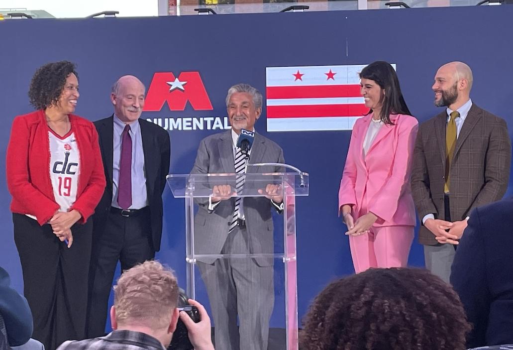 Mayor Muriel Bowser, Council Chair Phil Mendelson, Monumental Sports CEO Ted Leonsis, Council Member Brooke Pinto and Council Member Robert White at Wednesday's press conference announcing the deal. 