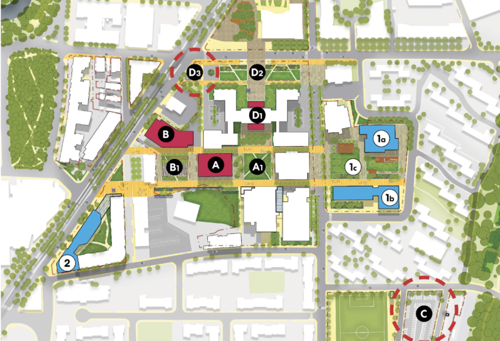 The proposed IMP site plan for Wentworth Institute of Technology. Building A is the West Quad Academic Building and Building B is the Huntington Residential Hall.