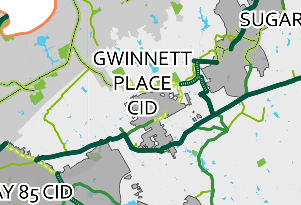 A map of existing and proposed trails surrounding the Gwinnett Place CID