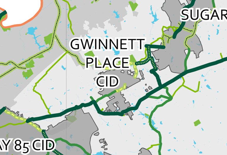 A map of existing and proposed trails surrounding the Gwinnett Place CID
