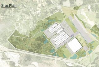 An aerial site plan of Rivian's planned 9M SF electric vehicle plant near Atlanta.