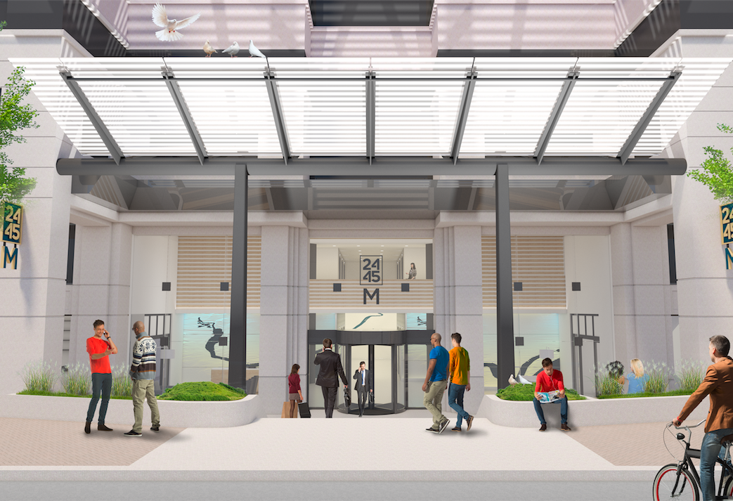 A rendering of the renovated main entrance of 2445 M St.