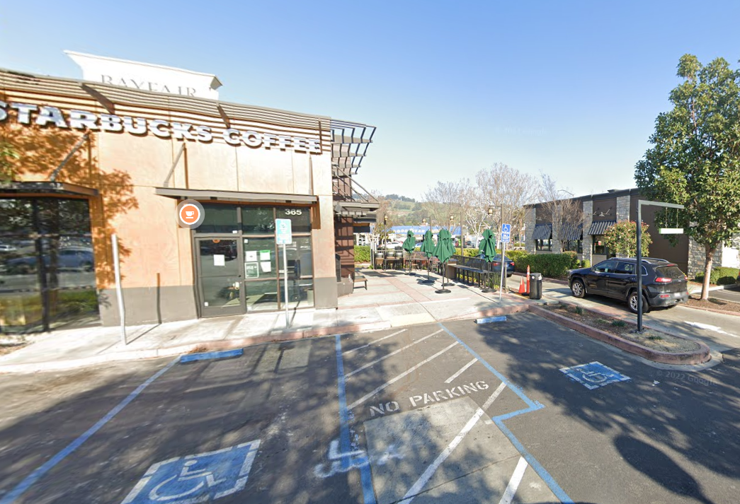 A Starbucks parking lot in the Bayfair Center