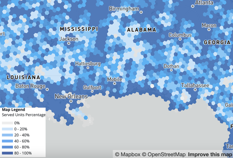 An FCC map showing large swaths of the southern U.S. having little to no broadband service. 