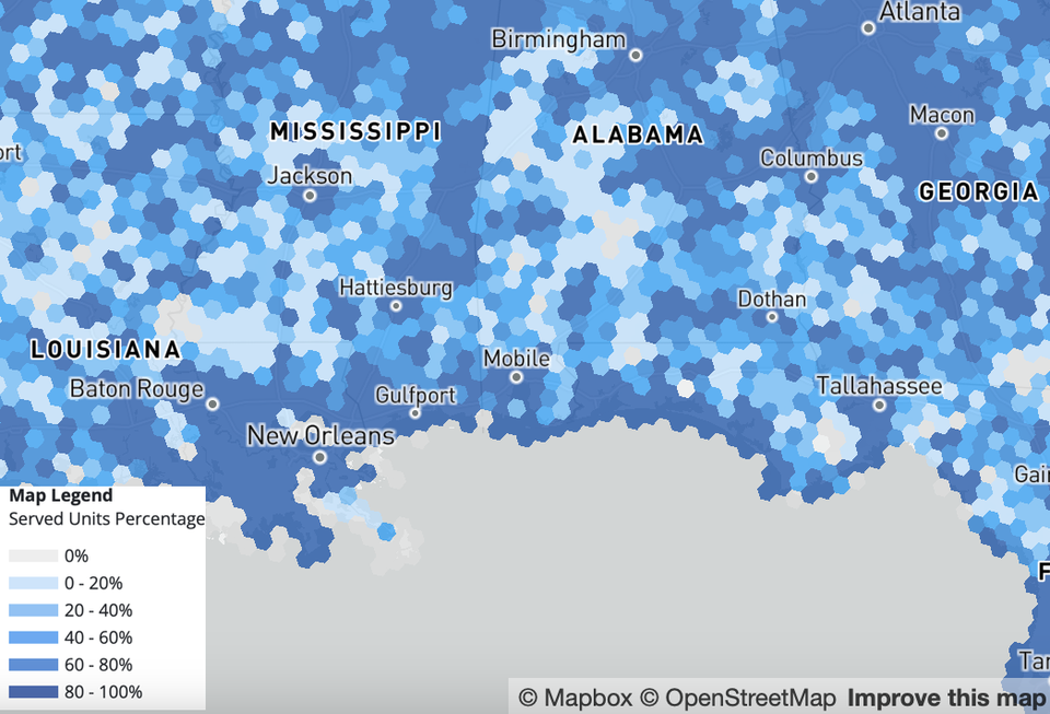 An FCC map showing large swaths of the southern U.S. having little to no broadband service.