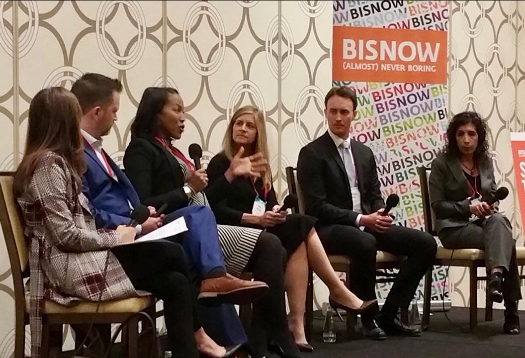  JP Morgan Chase Bank's Kenya Williams speaks at Bisnow's LA Capital Markets and Foreign Investments Feb. 28, 2017 at the JW Marriott in downtown Los Angeles. 
Pictured from left to right: Pircher, Nichols & Meeks' Erin Natter, Pender Capital's Co-Founder's Zach Murphy, JP Morgan Chase Bank's Kenya Williams, Mosaic Real Estate Investors Vicky Schiff, Canyon Partners Real Estate Spencer Schlee and Institutional Property Advisors Anita Paryani Rice. 