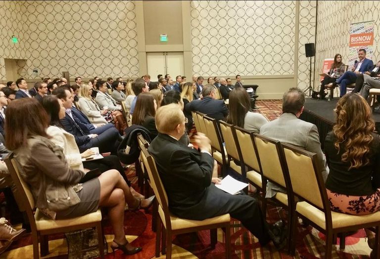 The crowd listens to Pender Capital's Co-Founder's Zach Murphy during Bisnow's Los Angeles Capital Markets and Foreign Investments panel Feb. 28, 2017 at the JW Marriott in Los Angeles.Pircher, Nichols & Meeks' Erin Natter, Pender Capital's Co-Founder's Zach Murphy, JP Morgan Chase Bank's Kenya Williams, Mosaic Real Estate Investors Vicky Schiff, Canyon Partners Real Estate Spencer Schlee and Institutional Property Advisors Anita Paryani Rice. 