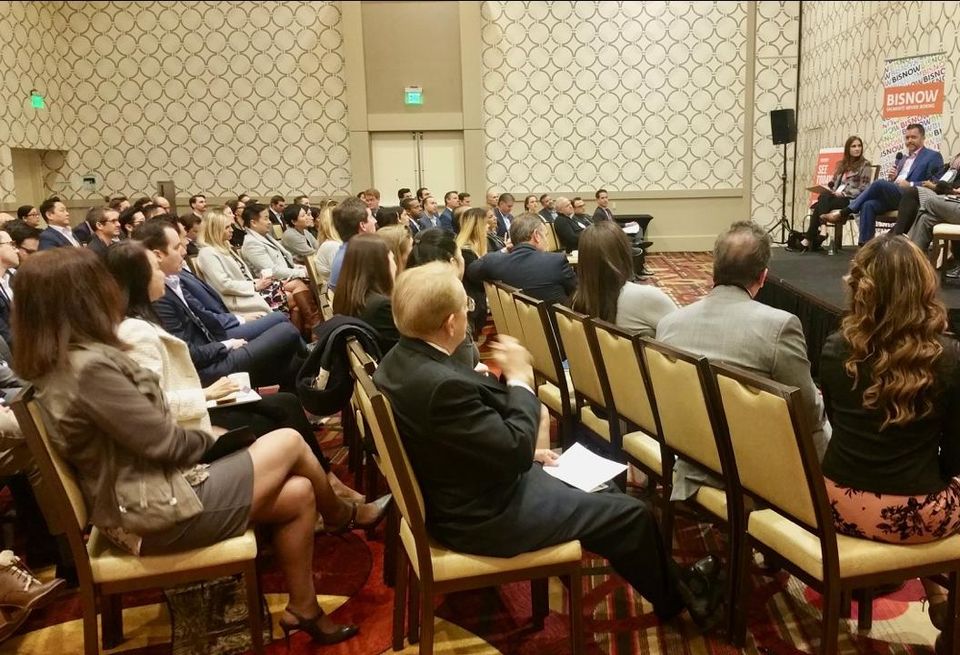 The crowd listens to Pender Capital's Co-Founder's Zach Murphy during Bisnow's Los Angeles Capital Markets and Foreign Investments panel Feb. 28, 2017 at the JW Marriott in Los Angeles.Pircher, Nichols & Meeks' Erin Natter, Pender Capital's Co-Founder's Zach Murphy, JP Morgan Chase Bank's Kenya Williams, Mosaic Real Estate Investors Vicky Schiff, Canyon Partners Real Estate Spencer Schlee and Institutional Property Advisors Anita Paryani Rice.