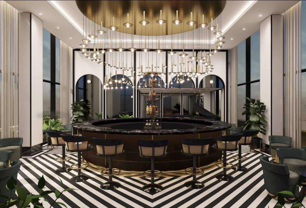 Rendering of rooftop bar Moonraker at The Wharf's Pendry hotel