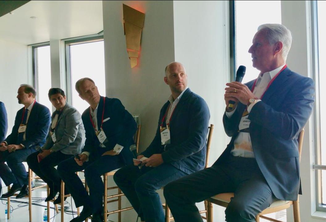 Allen Matkins partner Tony Natsis, Swinerton Vice President Lia Tatevosian, Coretrust Capital Partners Managing Principal John Sischo, Hawkins\Brown partner Matthew Ollier and OUE Limited Senior Vice President of Leasing Peter Johnston OUE Limited Senior Vice President of Leasing Peter Johnston speaks during Bisnow's Los Angeles Creative Office & Design Trends panel Jan. 17, 2018 at the U.S. Bank Tower in downtown Los Angeles. From right to left: Johnston, Hawkins\Brown Partner Matthew Ollier, Coretrust Capital Partners Managing Principal John Sischo, Swinerton's Vice President Lia Tatevosian and Allen Matkins Partner Tony Natsis.
