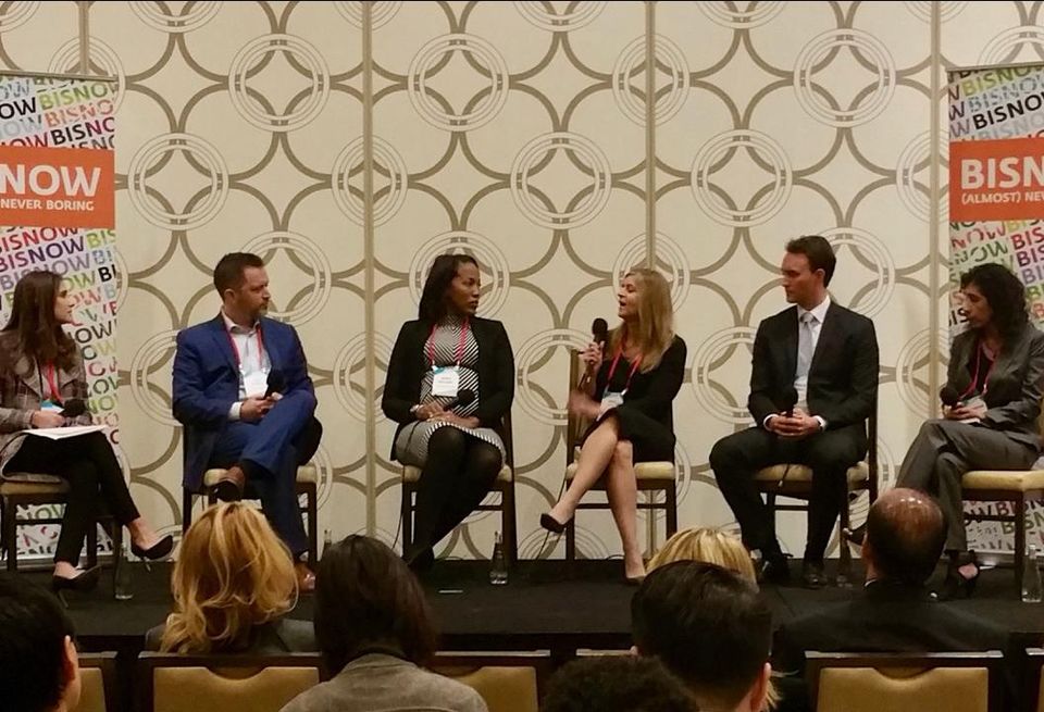 Mosaic Real Estate Investors Vicky Schiff speaks at Bisnow's Los Angeles Capital Markets and Foreign Investments panel Feb. 28, 2017 at the JW Marriott in Los Angeles.Pictured from left to right: Pircher, Nichols & Meeks' Erin Natter, Pender Capital's Co-Founder's Zach Murphy, JP Morgan Chase Bank's Kenya Williams, Mosaic Real Estate Investors Vicky Schiff, Canyon Partners Real Estate Spencer Schlee and Institutional Property Advisors Anita Paryani Rice.