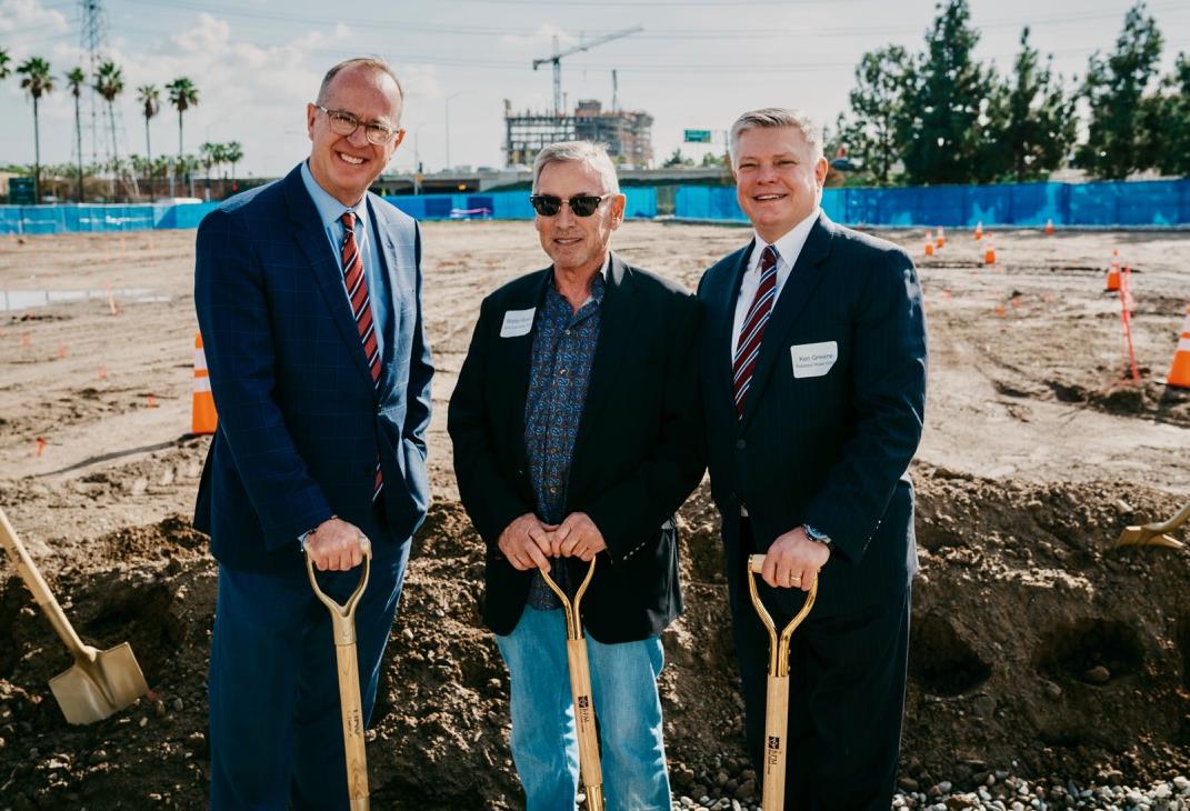 Former Anaheim Mayor Tom Tait, BPM Real Estate Group Walter C. Bowen and Radisson Hotel Group President, Americas Ken Greene at the groundbreaking of RadissonBlu in Anaheim
