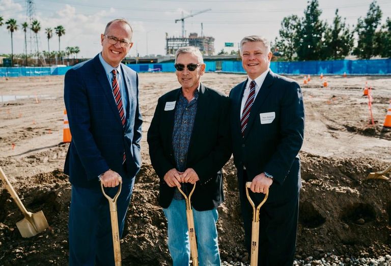 Former Anaheim Mayor Tom Tait, BPM Real Estate Group Walter C. Bowen and Radisson Hotel Group President, Americas Ken Greene at the groundbreaking of RadissonBlu in Anaheim