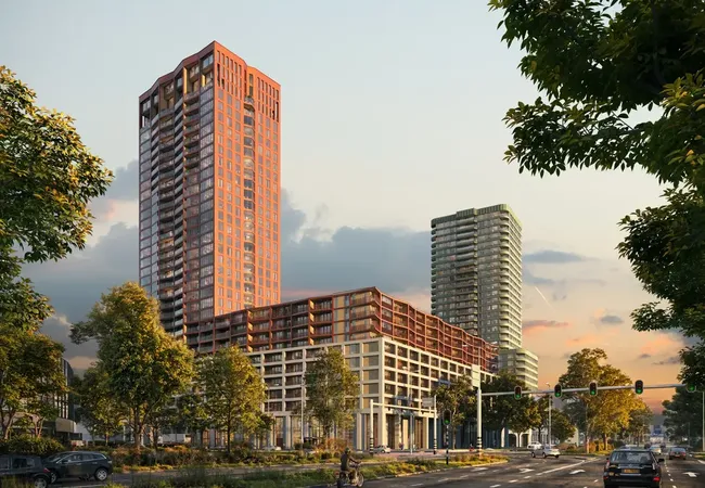 Tall residential buildings with modern architecture along a tree-lined street at sunset, with traffic lights and cars on the road.