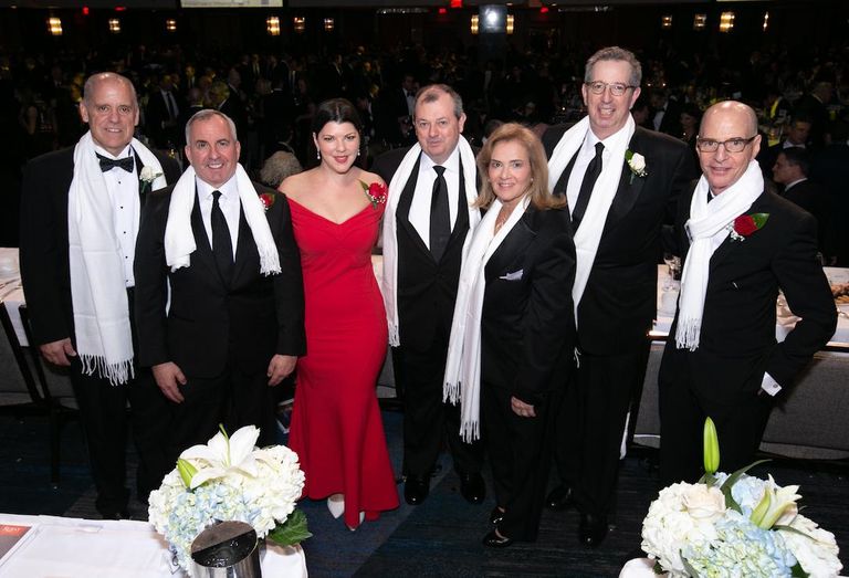 The honorees at the 124th annual REBNY banquet: L&L Holding Co.'s Henry Celestino. KRW Realty Advisors' Kevin Wang, Newmark Knight Frank's Robin Fisher; REBNY President James Whelan; JRT Realty Group's Jodi Pulice, REBNY Chairman Bill Rudin, and Vornado's David Greenbaum