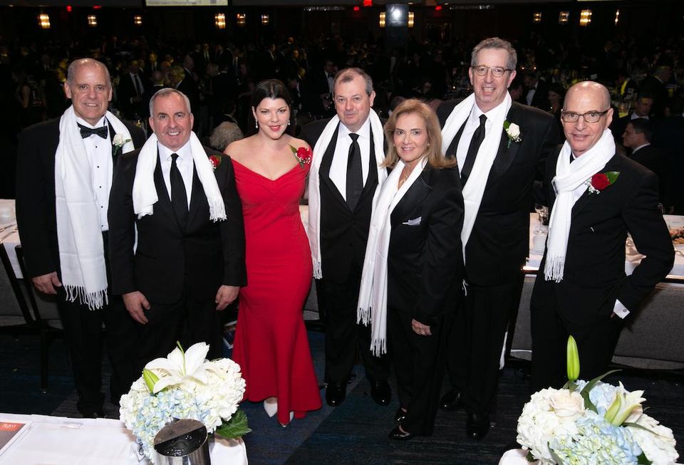 The honorees at the 124th annual REBNY banquet: L&L Holding Co.'s Henry Celestino. KRW Realty Advisors' Kevin Wang, Newmark Knight Frank's Robin Fisher; REBNY President James Whelan; JRT Realty Group's Jodi Pulice, REBNY Chairman Bill Rudin, and Vornado's David Greenbaum