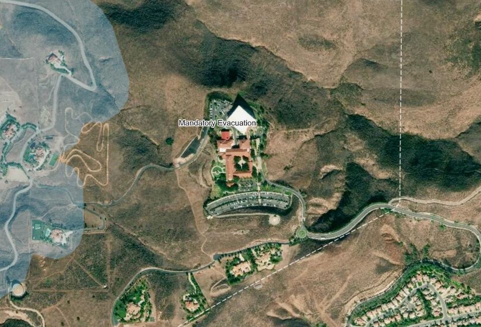 An aerial view of the Ronald Reagan Presidential Foundation and Institute in Simil Valley. A growing brush fire is threatening the former president's library.