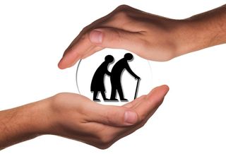 Two hands cupping a logo featuring senior citizens
