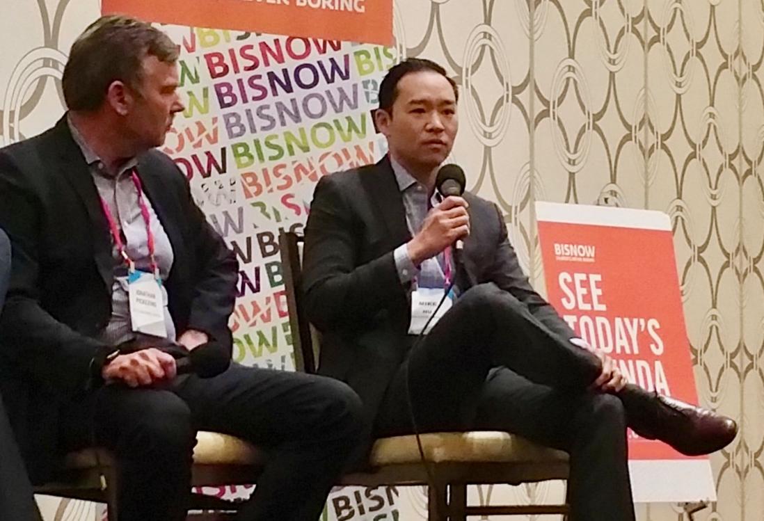 K2 Clean Energy Capital's Jonathan Pickering listens to Gaw Capital's Mike Hu during a Bisnow panel in Los Angeles. K2 Clean Energy Capital's Jonathan Pickering listens to Gaw Capital's Mike Hu during a panel at Bisnow's LA Capital Markets and Foreign Investment Feb. 28 at the JW Marriott in downtown Los Angeles.