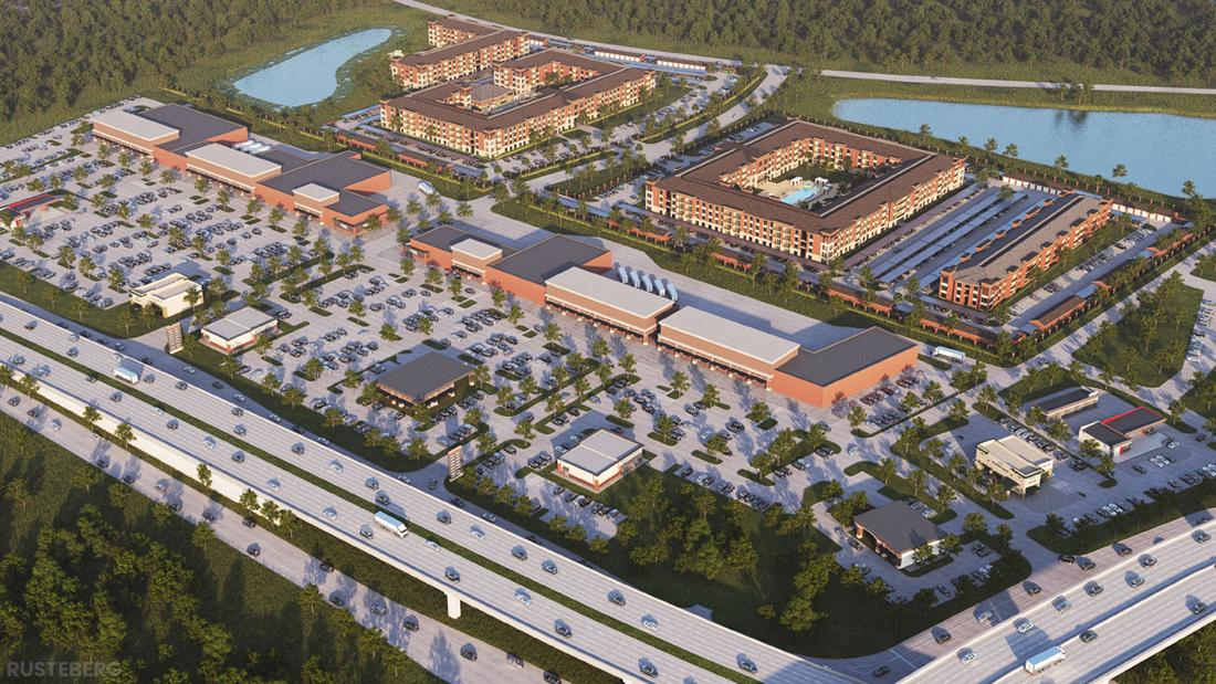 An aerial rendering of Fort Bend Town Center III, the third phase of NewQuest Properties' mixed-use development in Missouri City.
