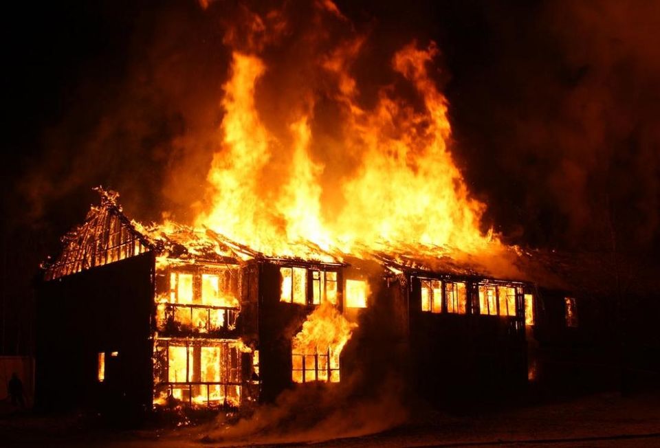 house on fire burning