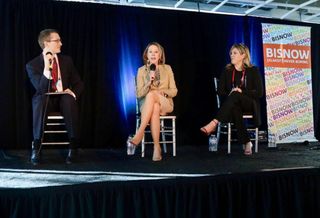 Moderator Allen Matkins Partner Matt Fogt discusses the Orange County State of the Market with Steadfast Companies President Ella Shaw Neyland and Meyers Research Principal Mollie Carmichael at Bisnow's Orange County State of the Market Jan. 23 at the Hive in Costa Mesa.