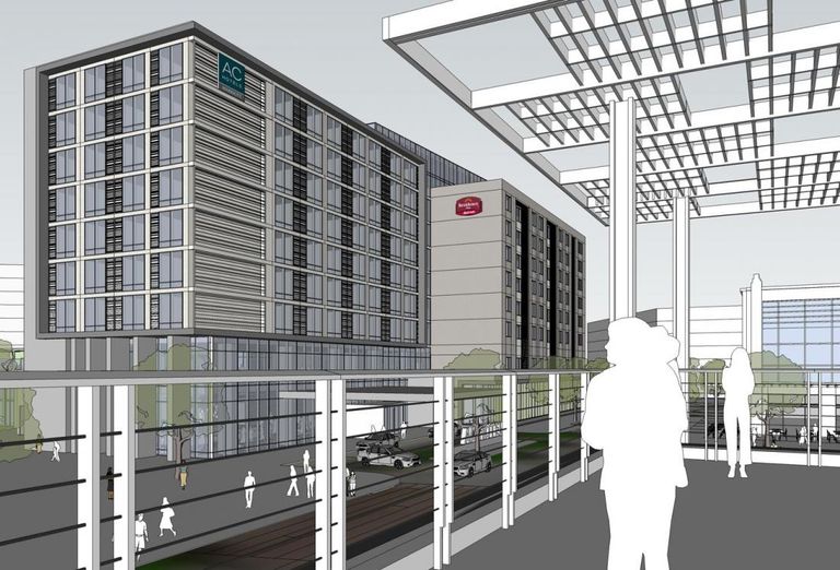 The campus will include a dual- brand AC Hotel and Residence Inn, both by Marriott, featuring about 300 rooms plus a Canopy by Hilton and a Hyatt Place, each featuring about 150 rooms.  AC and Canopy are chic lifestyle brands, while Residence is an upscale extended-stay brand and Hyatt Place is a select-service brand.