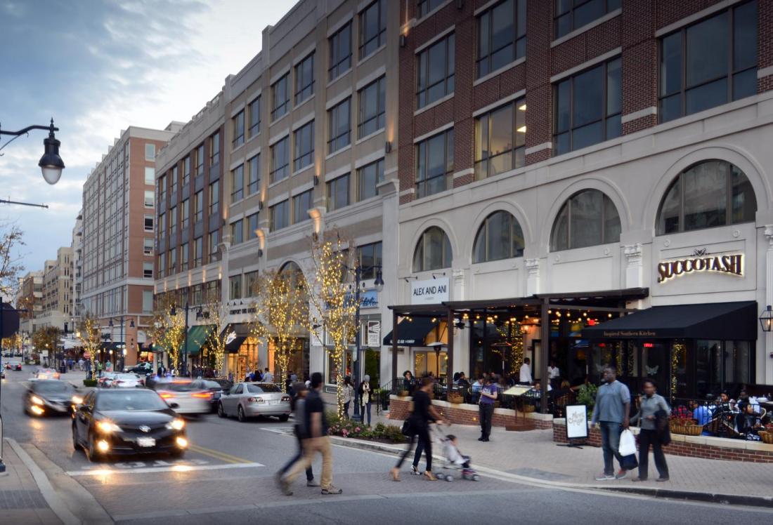 Storefronts along Waterfront Street in National Harbor