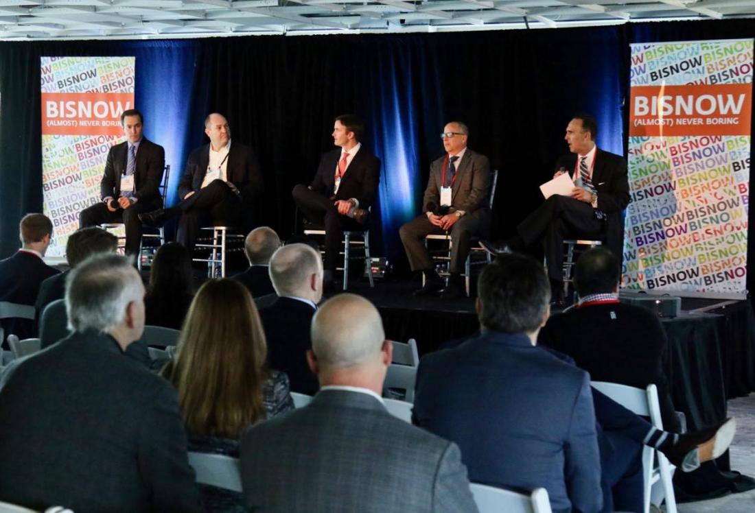 The Koll Company Principal Scott Lanni, Monday Properties SVP Carl Groner, HFF SMD & Orange County Office Co Head Ryan Gallagher, Shopoff Realty Investments EVP John Santry and CBRE Executive Managing Director Kurt Strasmann at Bisnow's Orange County State of the Market Jan. 23 at the Hive in Costa Mesa.