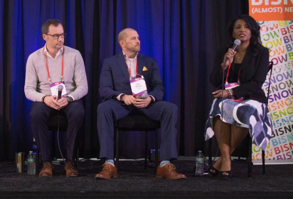 Quadrant Investment Properties founder Chad Cook, Spaces North Texas Vice President Josh McLeod and Uptown Dallas Inc. Interim President and Executive Director Noelle LeVeaux at Bisnow's Future of Uptown/Turtle Creek event