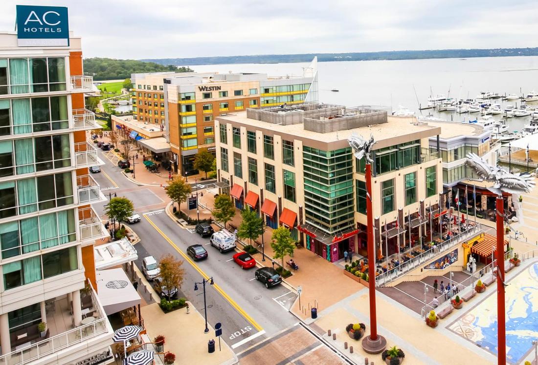 The view from the One National Harbor condos, overlooking the waterfront area, offices, retail and restaurants