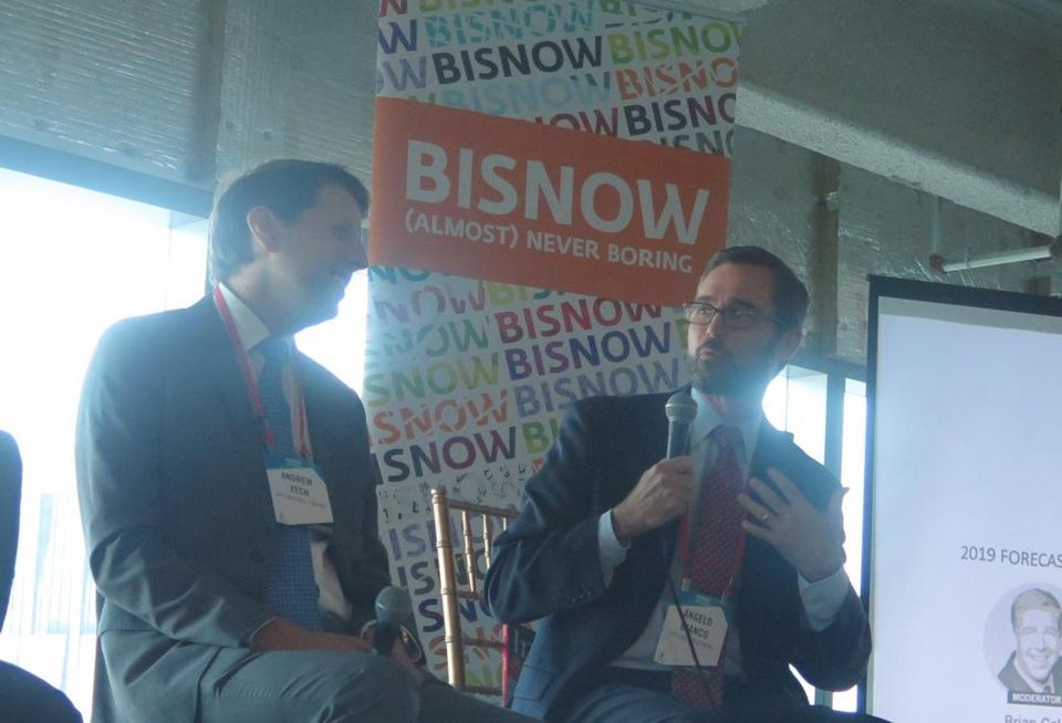 Greenworks Lending Principal Andrew Zech listens as Crocker Partners Managing Partner Angelo Bianco speak at Bisnow's Miami State of the Market event Sept. 20, 2018.