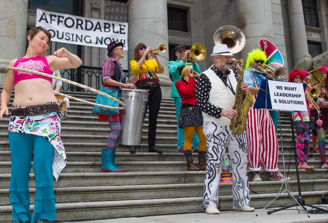 affordable housing protest Vancouver 2015 belly dancer saxaphone 