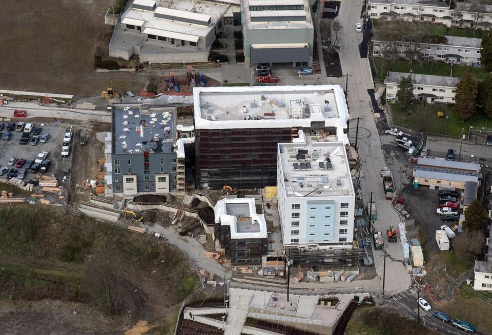 An aerial of Hoa Mai Gardens, a new residential complex in the Yesler Terrace redevelopment