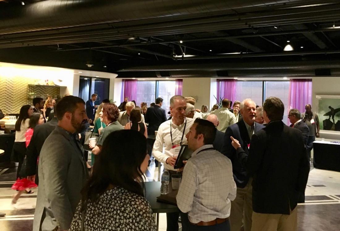Attendees network at Bisnow's Los Angeles Office: Workplace of the Future event at Convene in downtown Los Angeles. Bisnow's Los Angeles Office: Workplace Of The Future Event Aug. 29, 2018 at the Convene space at the Wells Fargo Center in downtown Los Angeles.