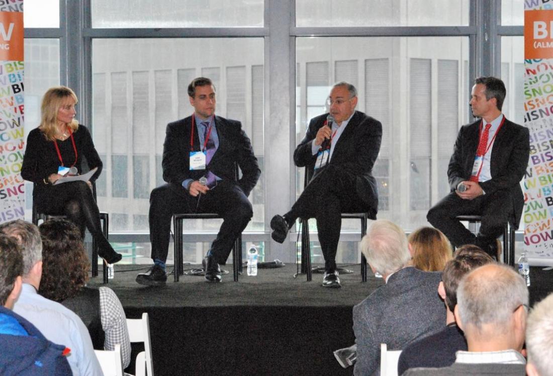 Morley Builders Vice President Jan Karl, Walker & Dunlop Senior Vice President Gabe Weinert, The Athens Group COO Jay Newman, RealtyMogul.com CIO Chris Fraley discuss LA's multifamily market at Bisnow's Los Angeles State of the Market event in downtown Los Angeles.