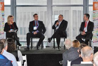 Morley Builders Vice President Jan Karl, Walker & Dunlop Senior Vice President Gabe Weinert, The Athens Group COO Jay Newman, RealtyMogul.com CIO Chris Fraley discuss LA's multifamily market at Bisnow's Los Angeles State of the Market event in downtown Los Angeles.