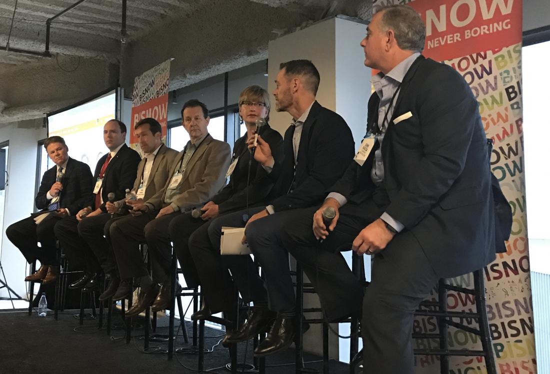 BarkerBlue CEO and Bisnow event moderator Gene Klein along with Lendlease program manager of Timber and Innovations Jeff Morrow, Panoramic Interests director of development Zac Shore, Sun Light & Power president and CEO Gary Gerber, WSP | Parsons Brinckerhoff managing director Sarah Kuchera, Hines senior managing director Cameron Falconer and TEAMWRKX president John Aiassa