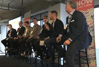 BarkerBlue CEO and Bisnow event moderator Gene Klein along with Lendlease program manager of Timber and Innovations Jeff Morrow, Panoramic Interests director of development Zac Shore, Sun Light & Power president and CEO Gary Gerber, WSP | Parsons Brinckerhoff managing director Sarah Kuchera, Hines senior managing director Cameron Falconer and TEAMWRKX president John Aiassa