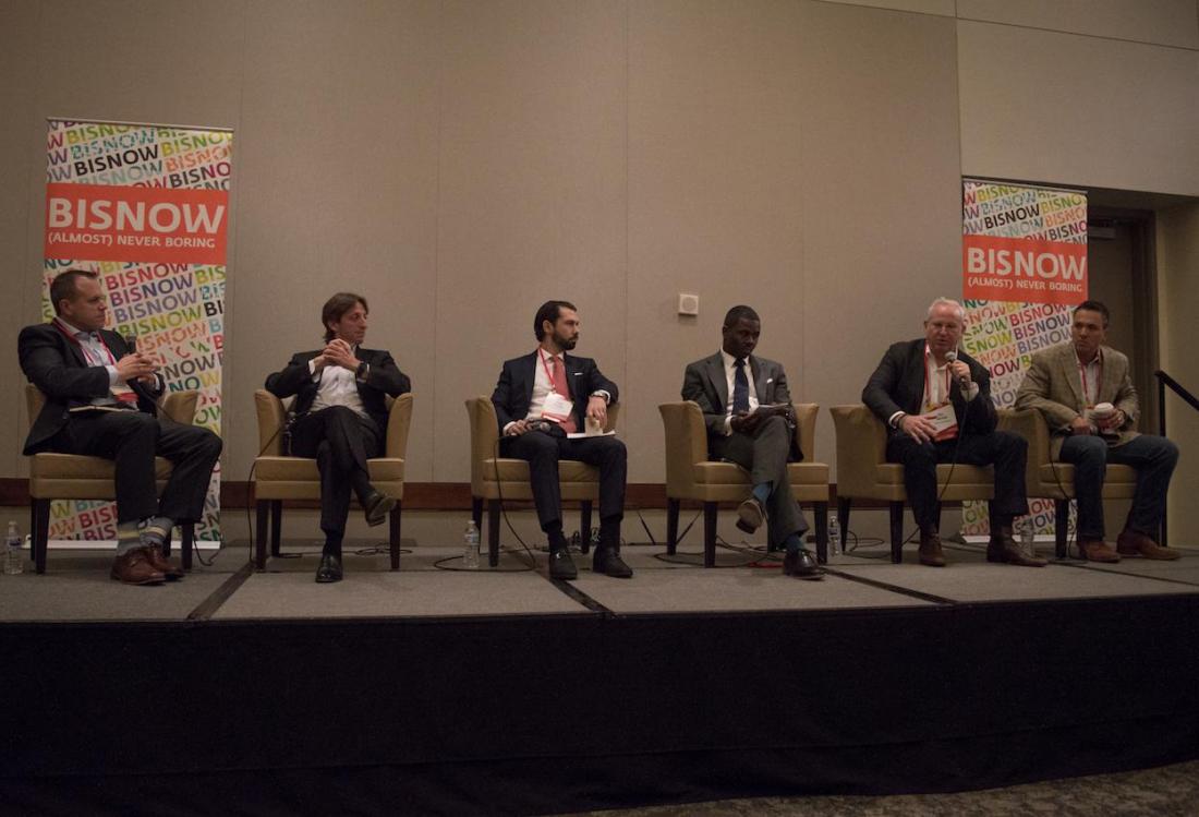 EBI Consulting Senior Vice President, Real Estate Services Dan Spinogatti, The Milestone Group Managing Partner Rob Landin, Dalfen America Corp. President and Chief Investment Officer Sean Dalfen, Senior Managing Director Richie Butler, Granite Properties Chief Investment Officer Bill Brown and Ashford Hospitality Vice President, Investments Colin Caroll at Bisnow's Dallas Capital Markets and 2018 Forecast event.



