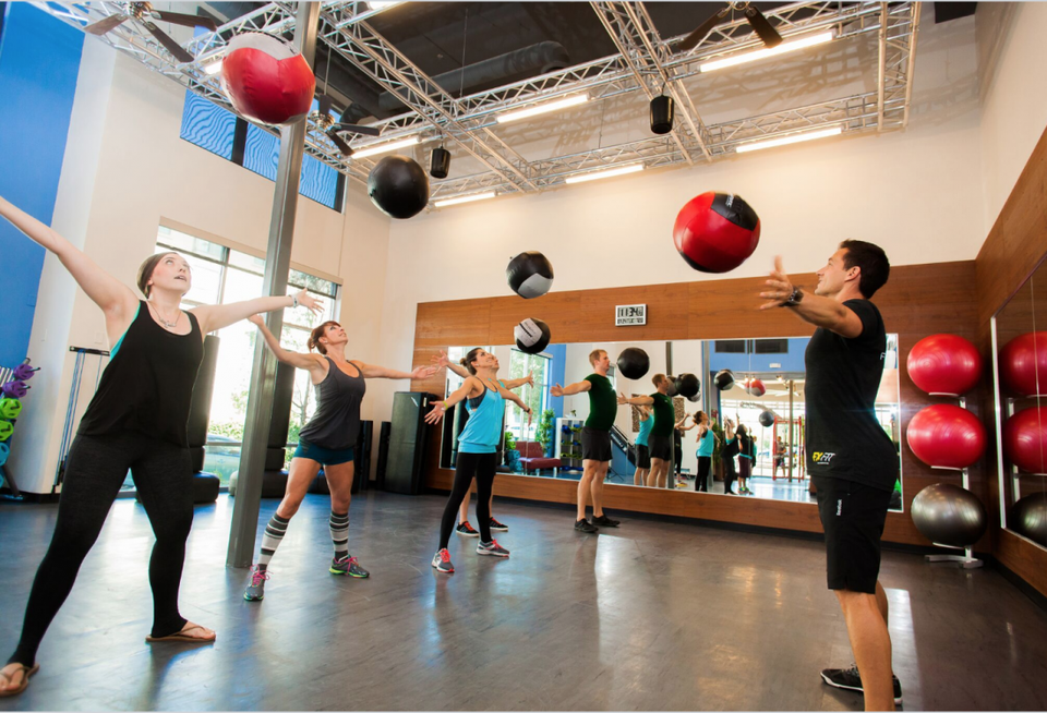 Gym social activities, people having fun and laughing