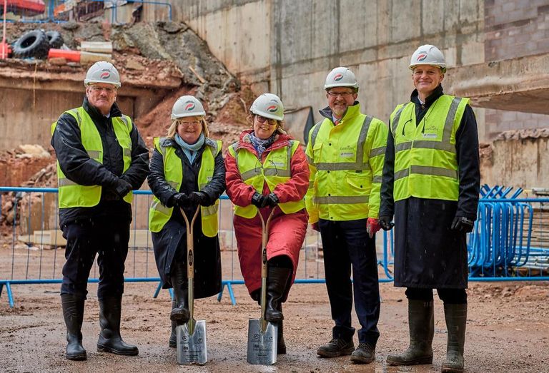 Neville Myers, Irene Masterton, Frances Khan-Msuya, Andrew Sutherland, Adam Kerr at the start of work on site at the 240K SF office block 3 Arena Central, Birmingham, funded by Legal & General and to be occupied by HM Government.