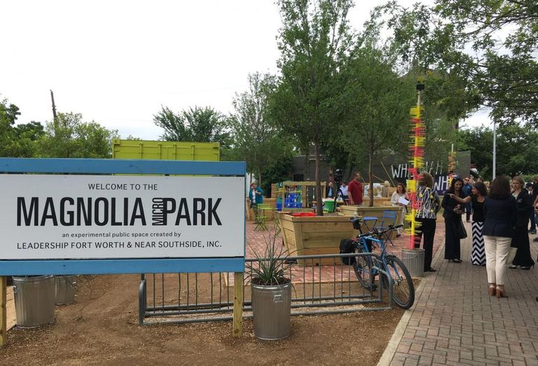 Magnolia Micro Park sits on an 5k SF lot in Fort Worth's first micro park. Owner Mike Dolabi plans to turn the plot into a mixed-use project. In the meantime, Near Southside has transformed the barren land into a public green space with tables, a refurbished shipping container and turf grass. Near Southside promotes ongoing redevelopment in Fort Worth's (you guessed it) Near Southside neighborhood.