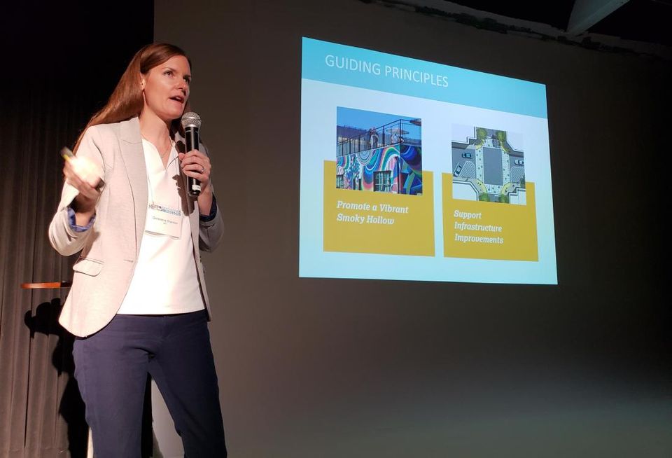 El Segundo City Consultant Genevieve Sharrow talks to a roomful of people about Smoky Hollow.
