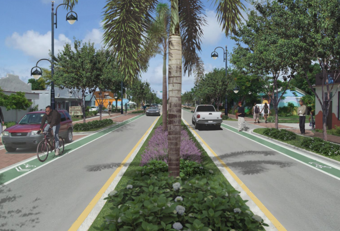 The 'after' rendering shows how landscaping and bike lanes improved Fort Lauderdale's 13th Street corridor.