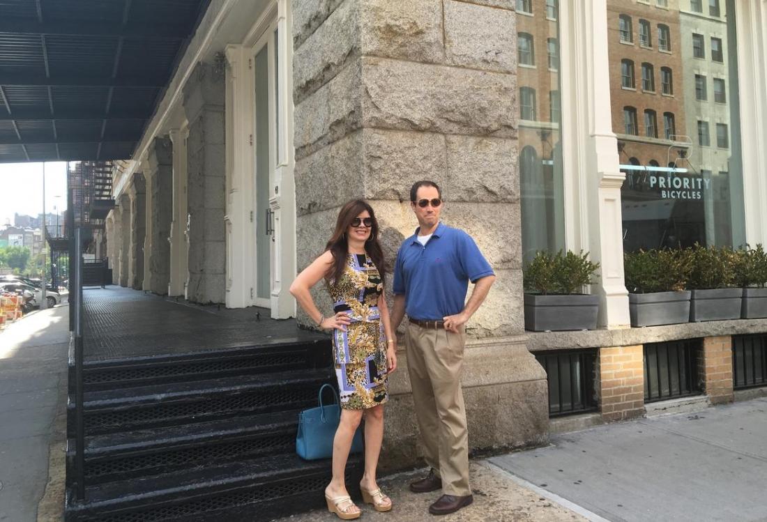 Adelaide Polsinelli and Kevin Draper outside Priority Bicycles in TriBeCa