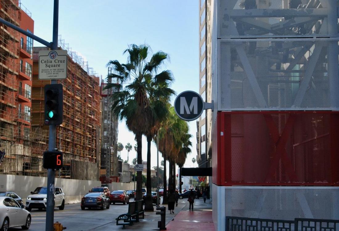 A Metro sign on Hollywood Boulevard A photo of a Metro sign on Hollywood Boulevard in Los Angeles.