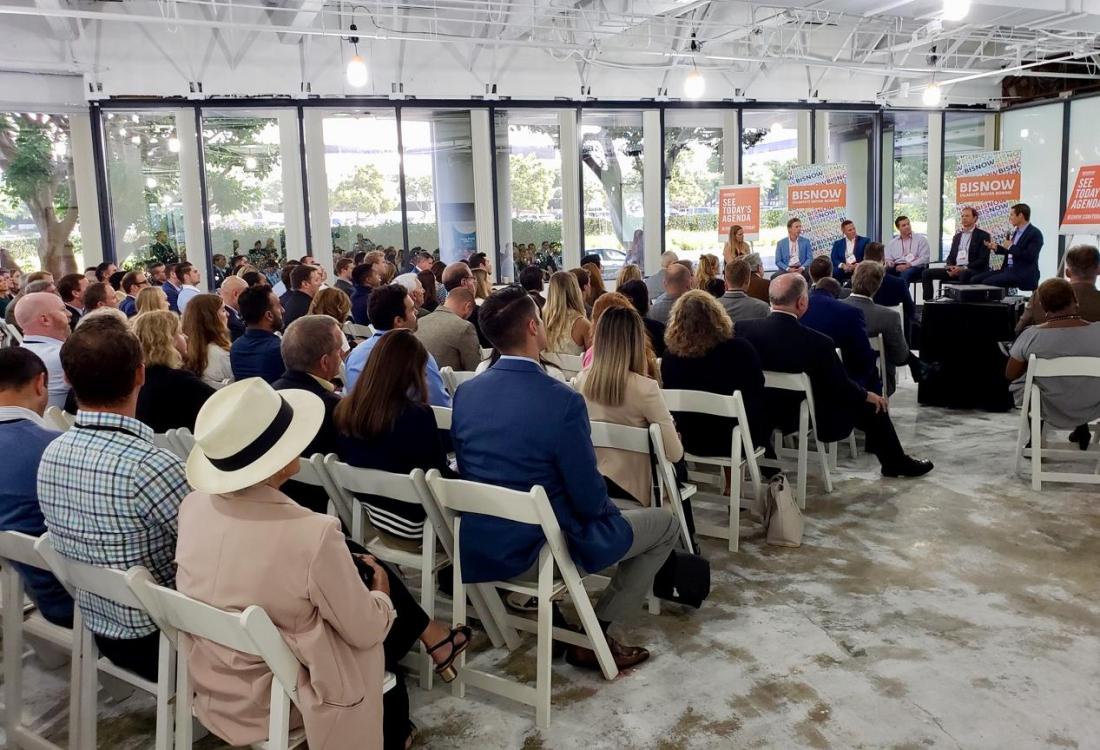 Citi National Bank's Kelly Russell, Overton Moore Properties' Jason Hines, Mogul Capital's Brad Wagstaff, Artisan Realty Advisors' Mark Laderman, Kidder Mathews' Richard Putnam and CBRE's Todd Tydlaska Attendees listen to a panel on the future of South Bay.