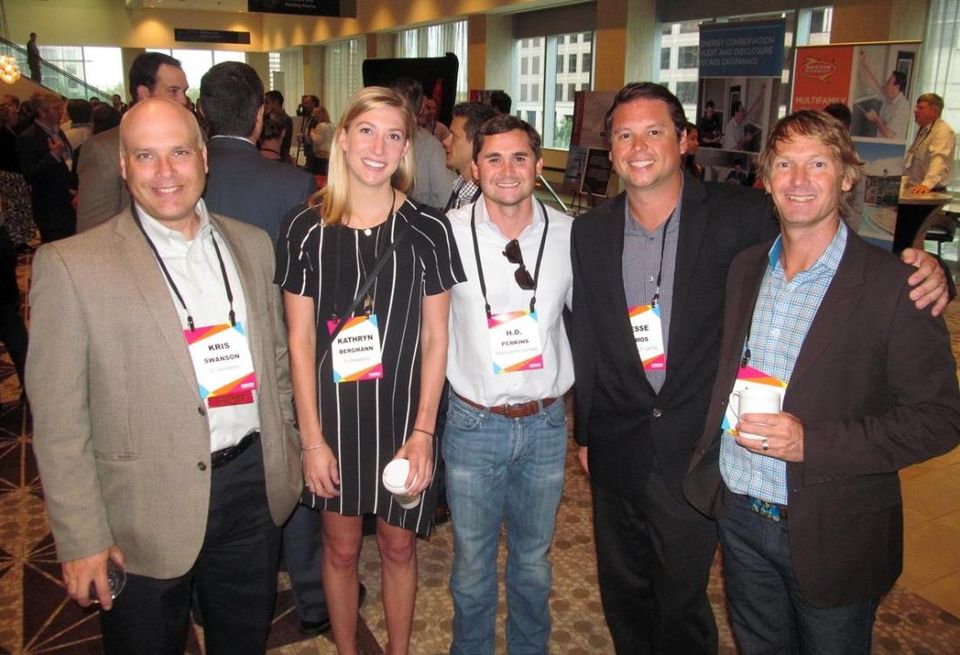 DCI's Kris Swanson and Kathryn Bergmann, TX Energy Systems' HD Perkins and Jesse Lemos and Clean Scapes' Jeff Pulley at Bisnow Austin multifamily event June 2016