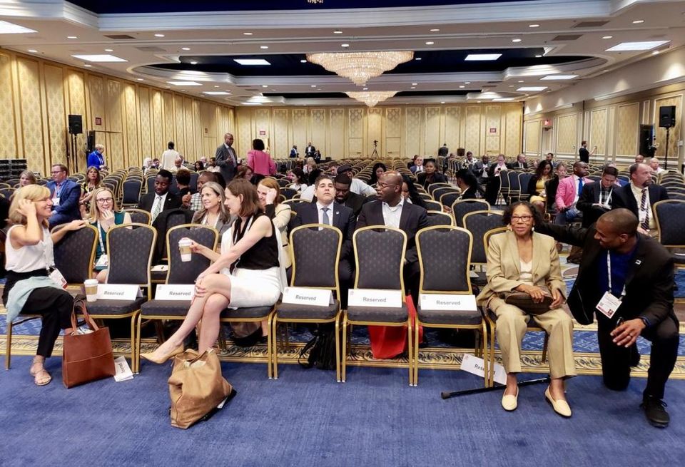 Few people showed up to listen to a panel on the Rooney Rule: Opening Doors to the Front Office panel at the Westgate Hotel in Las Vegas.